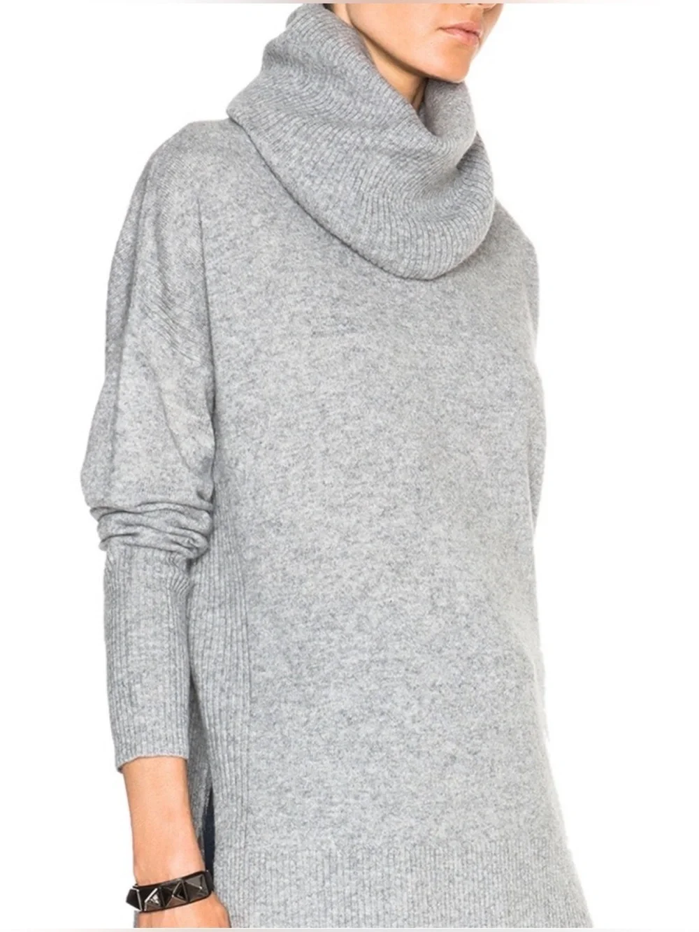 Diane Von Furstenberg Light Grey Ribbed Cowl Neck Cashmere Sweater